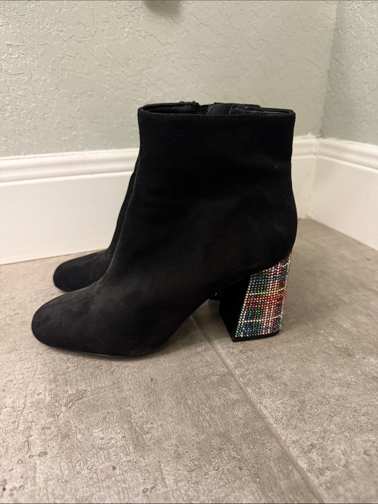 Betsey Johnson Shoes - Betsey Johnson Black Suede Ankle Boots with Multicolor Crystal Block Heel